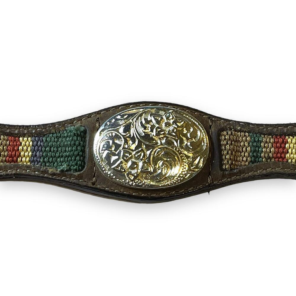 Western Concho Belt Women Leather Metal Medallions Woven Fabric Distressed Sz 30 - Picture 4 of 11